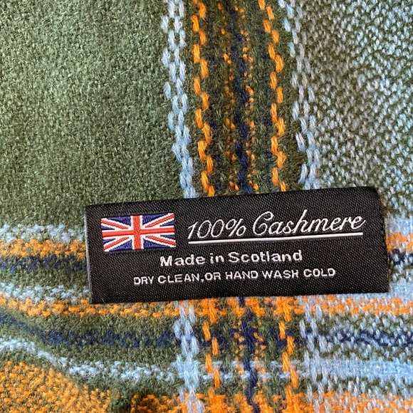 100% Cashmere made in Scotland plaid scarf wrap Fringe hem blue Orange Green - Picture 3 of 6